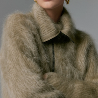 Cardigan en mohair brossé personnalisé pour femme, avec double fermeture éclair, col montant côtelé, coupe ample, manches longues
