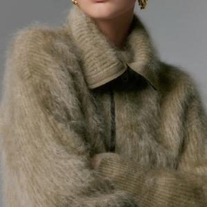 Cardigan en mohair brossé personnalisé pour <span class=keywords><strong>femme</strong></span>, avec double fermeture éclair, <span class=keywords><strong>col</strong></span> montant côtelé, coupe ample, manches longues - Product Image 3