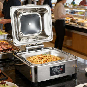 Set di Chafing Dish di Lusso Quadrato in Acciaio Inox Argento con Coperchio in Vetro a Chiusura Morbida, Elettrico per <span class=keywords><strong>Catering</strong></span> e Riscaldamento Cibo - Product Image 1