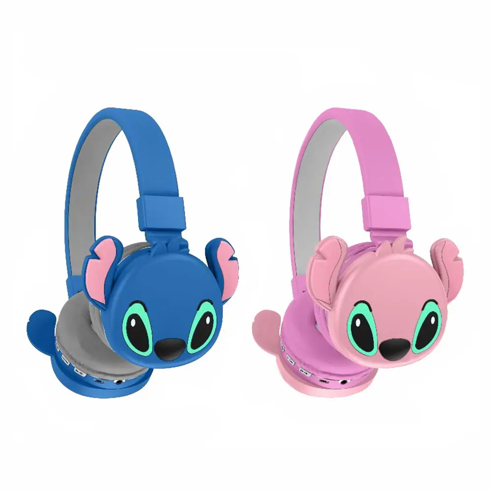 Fone de ouvido sem fio Stitch azul rosa, fone de ouvido recarregável para meninos e meninas, música Stitch
