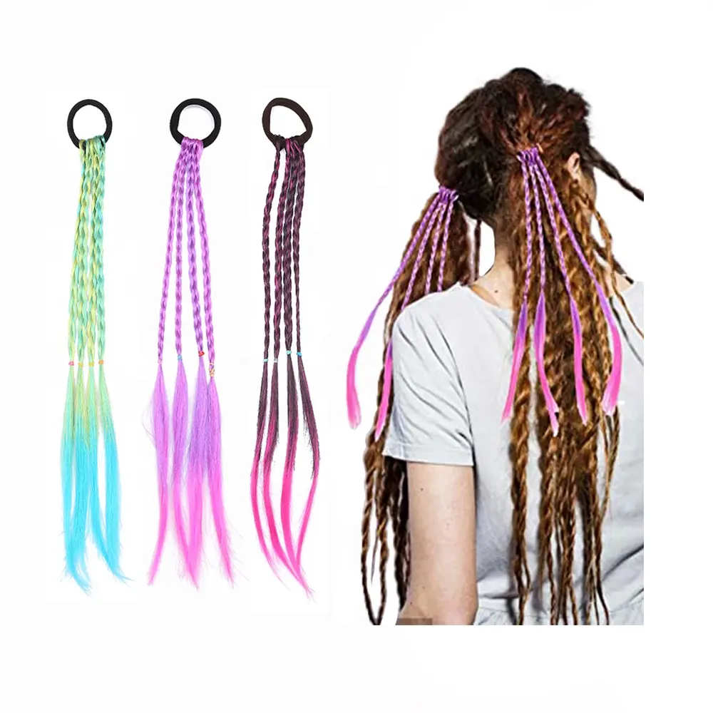 Wholesale Kids Twist Synthetic Hairpieces Accessories Colored Gradient Hair Braided Ponytail Extension with Rubber Bands