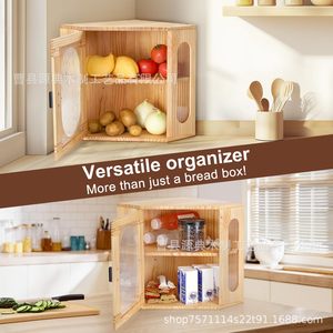 Boîte à pain en bois à double couche avec porte en acrylique, rangement de cuisine, couleur bois naturel, boîte à pain de comptoir - Product Image 5