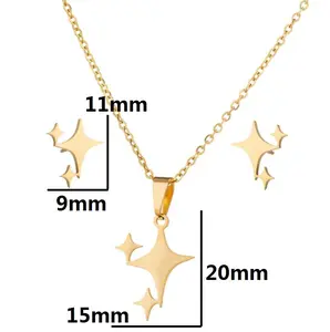 New Fashion Simple Stainless Steel Pentagon Star Earring and Pendant Necklace Jewelry Set for Women Girls