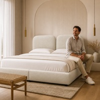 Tempat Tidur Berlapis Kain Boucle Krim untuk Kamar Tamu Hotel, Headboard Bundar Ganda Custom, Rangka Dalam Hitam