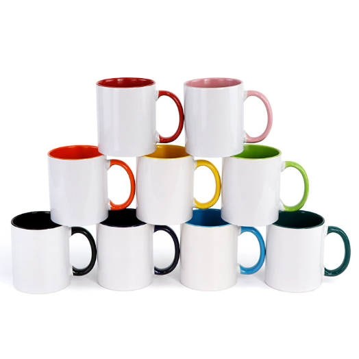 Wholesale 11oz Sublimation Ceramic Mugs with Colored Handle and Colored Inner Coffee Mugs White Blanks Drinking Cups