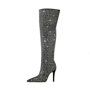 2023 catwalk fashion new European and American style sequin pointed toe high stiletto sexy ladies over the knee boots