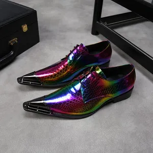 NA222 다채로운 패턴 남자 파티 가죽 신발 금속 지적 발가락 공식적인 드레스 신발 웨딩 댄스 파티 남성 버클 옥스포드 신발