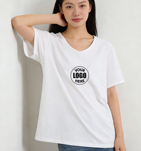 Camiseta de Cuello en V Lisa para Mujer, 220 g/m², al por Mayor, de Bajo Costo, 92% Algodón, 8% Elastano, con Logotipo Personalizado, Corte Casual - Product Image 1