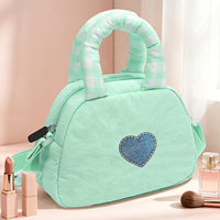 Sac bandoulière mini en nylon pastel pour filles, sac à main mignon avec patch cœur et poignée supérieure en tissu gingham matelassé, cadeau de Noël et d'anniversaire