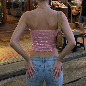 Women's Sexy <b>Sequined</b> Shiny Knitted Short <b>Crop</b> <b>Top</b> Solid Color Fitted Bandeau - Product Image 3