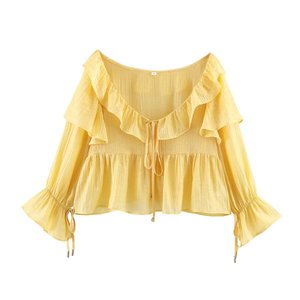 PB&ZA Blusas de Mujer Primavera 2026, Nueva Moda, Estilo Hoja de Loto con <span class=keywords><strong>Hombros</strong></span> <span class=keywords><strong>Descubiertos</strong></span>, Blusas Vintage de Manga Larga, Camisas Femeninas, Blusas Chic - Product Image 1