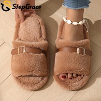 Chaussons d'intérieur douillets pour femme StepGrace avec boucle réglable, design à bout ouvert, dessus en peluche douce, parfaits pour l'hiver