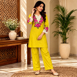 Ensemble Kurta et Palazzo en coton brodé jaune - Product Image 1