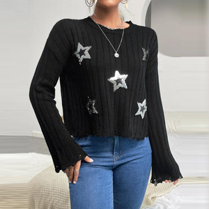 Nuovo Design maglioni di alta moda con rifiniture in rilievo con scollo rotondo a spalla nero maglione con stelle di <span class=keywords><strong>paillettes</strong></span> per donna - Product Image 6