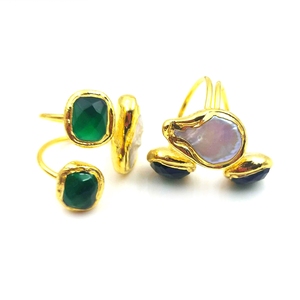 Wholesale Items Natural Gemstone <strong>Jewellery</strong> Rings Crystal <strong>Green</strong> Jade Baroque Pearl Three Gems Rings for Women Lucky New Year Gift - Product Image 3