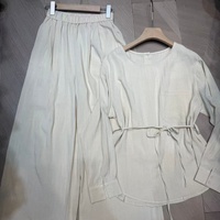 Ensemble de deux pièces décontracté ample : Haut à col rond avec cordon de serrage + Pantalon large à motif texturé, style Sari