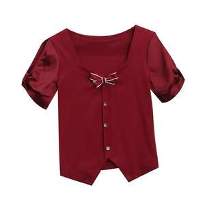 Summer New <span class=keywords><strong>Original</strong></span> Design <span class=keywords><strong>Chic</strong></span> Off-Shoulder Short Sleeve Bow Drill Buckle Fashionable Stylish Women's Top T-<span class=keywords><strong>shirt</strong></span> - Product Image 5