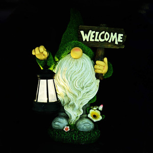 Resin <strong>Large</strong> Flocked Welcome <strong>Gnome</strong> with Lantern Solar Powered LED Welcome Sign Outdoor Decor <strong>Garden</strong> Light - Product Image 2