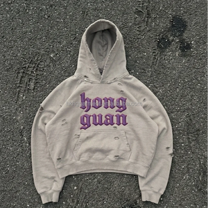 Sudadera con capucha para hombre, de gran tamaño, estilo vintage, lavada, con cremallera, corte holgado, desgastada, con logotipo bordado personalizado de fabricantes, de alta calidad - Product Image 1