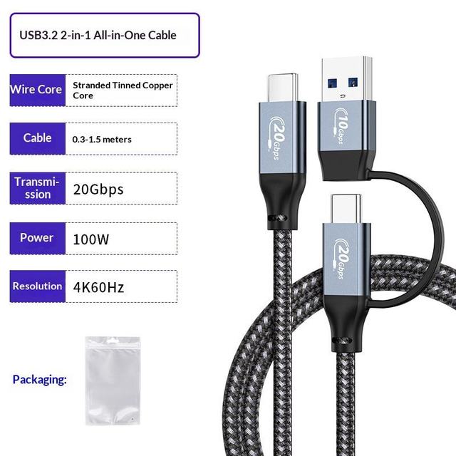 High Quality 2-in-1 USB 3.2 Gen 2x2 Cable 20Gbps Data Transfer 100W PD Fast Charging Braided USB-A/C Aluminum Alloy SSD Computer