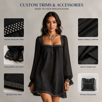 Robe Tunique Personnalisée à Col Carré, Manches Ballon Transparentes, Mini-Robe Babydoll avec Bordure Perlée et Poignets en Dentelle, Fabricant, MOQ 50 Pièces