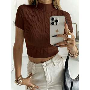 Suéter de Punto Trenzado con Cuello Alto y Manga Corta Color Leche Talla XS para Mujer - Product Image 1