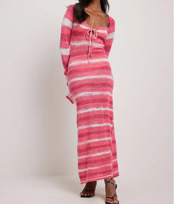 Winter V Neck Sexy Ladies Clothes Sweater Dress Women Striped Knitted Long Maxi Dresses