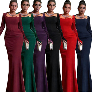 Vestido de Noche Elegante para Mujer, Estilo Nuevo, Formal, Largo hasta el Suelo, de Cachemira con Encaje, Cuello Cuadrado, Color Borgoña, de Secado Rápido - Product Image 1