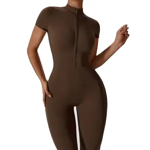 Ufinebest jumpsuit XL seksi, jumpsuit legging penuh satu potong lengan pendek latihan ritsleting setengah elastis tinggi