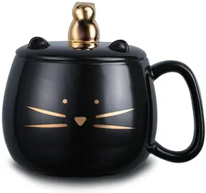 अद्वितीय बिल्ली बिल्ली प्रेमी के लिए ढक्कन के साथ 16oz कॉफी मग के साथ प्यारा सिरेमिक चाय मग धारक चीनी मिट्टी के बरतन कप के साथ सोने बिल्ली का बच्चा