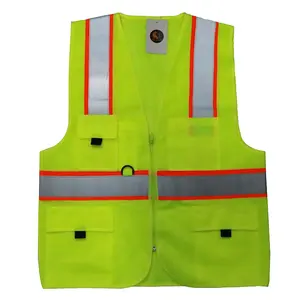 绿色聚酯背网眼织物高能见度反光多口袋反光拉链安全背心