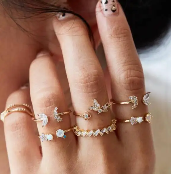 Conjunto de anel aberto feminino, 7/pçs/set nova moda dourado borboleta flores oco geométrico pedra de opala jóias das mulheres