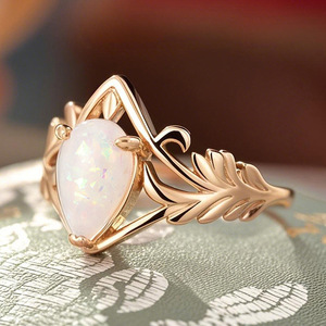 Anello di Fidanzamento Classico in Ottone con Foglia e Goccia d'Acqua, Imitazione Opale, Gioiello di Lusso Leggero, Regalo - Product Image 6