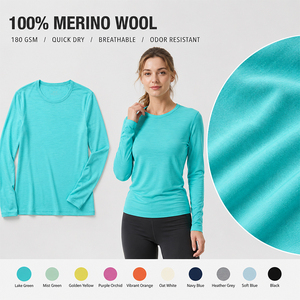 T-shirt à manches longues en laine pour femme, idéal pour les sports de plein air, la randonnée, la course à pied, avec logo personnalisé, léger, respirant, séchage rapide, pour l'escalade - Product Image 1