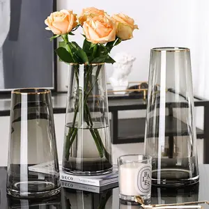 Luxe simple traçage or vase en verre fumée gris salon fleurs séchées fleurs riche bambou arrangement de fleurs vase
