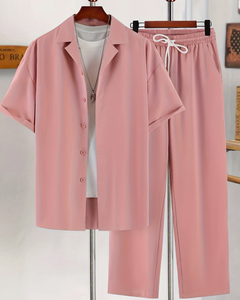 Özel logo erkekler's eşofman rahat gevşek artı boyutu kısa kollu düğme gömlek şort 2 adet Jogger takım rahat kısa erkekler için Set - Product Image 6