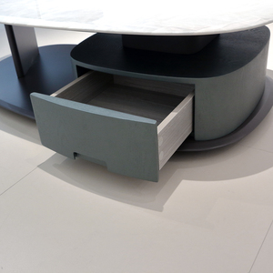 <span class=keywords><strong>Table</strong></span> basse ovale contemporaine en <span class=keywords><strong>marbre</strong></span> avec base en bois et tiroir, pièce maîtresse minimaliste pour salon - Product Image 1