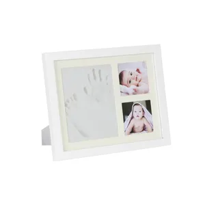 Kit cornice per foto con stampa a mano e impronta per neonato-cornice in legno bianco-tappetino blu e bianco rosa