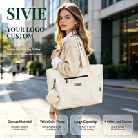 Sac fourre-tout en toile en gros avec pochette à monnaie ronde détachable, grande capacité, multi-poches, décontracté, pour usage quotidien, support d'épaule