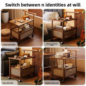 Étagère de rangement alimentaire à double niveau pour salon, chariot roulant en bambou sur pied avec roulettes, étagère en bois de bambou - Product Image 6