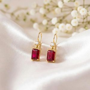 Natural <b>Red</b> Ruby Rectangle Faceted Dangle <b>Earrings</b> with CZ Accent in 925 Sterling Silver or 18K Gold Filled Minimalist Gemstone - Product Image 5