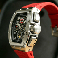 Jam Tangan Kronograf Flyback Pria dari Baja Tahan Karat dengan Tanggal Besar, Casing Tonneau, Tali Karet Merah, Jam Tangan Olahraga Otomatis Mewah.