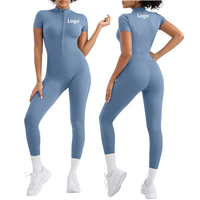Combinaison de yoga à manches courtes avec fermeture éclair, logo personnalisé, pour femmes, en polyamide recyclé, écologique, sans couture, pour la salle de sport et l'entraînement