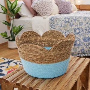 Cesto di conservazione in paglia e corda di cotone con bordo smerlato a buon mercato - Product Image 3