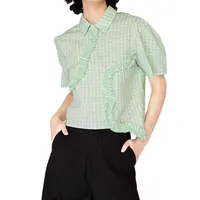 Женские милые футболки в клетку с принтом на заказ, плиссированная повседневная короткая рубашка с оборками на спине и коротким рукавом