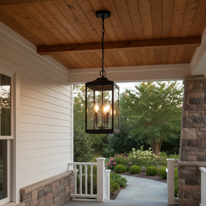 Lanterna da Portico a 3 Luci in Vetro Trasparente Nero Opaco, Lampada Pendente per Esterni di Media Dimensione per Ingresso e Porta d'Entrata OEM - Product Image 1