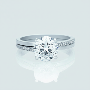 Anillo de Compromiso y Matrimonio Solitario con Diamante Redondo Natural Real con Detalles en Oro Blanco de 14K - Product Image 2