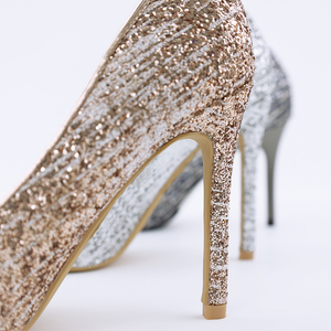 <strong>Gray</strong> Super High <strong>Heel</strong> Stiletto <strong>Pumps</strong> Gold Sequin Upper Thin High <strong>Heels</strong> Featuring Cushioned Insole TPU Outsole Slip-On Pointed - Product Image 4