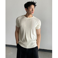 Chemise tricotée à manches courtes pour homme, texture rayée, style Old Money, décontractée, coupe ajustée, en soie glacée, respirante et anti-humidité, 240 grammes