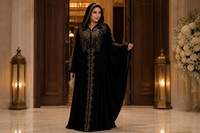 Abaya musulmane de luxe en polyester et mousseline, col en V, à capuche, manches évasées, robe asymétrique avec perles, coupe ample pour festivals et banquets